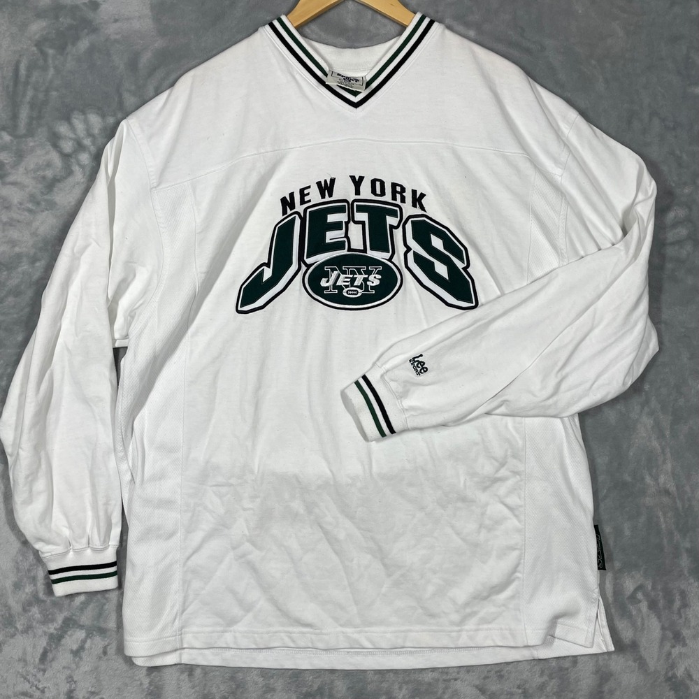 New York Jets NFL Long Sleeve V-Neck Shirt Men White XL Lee Sport Vintage 90s